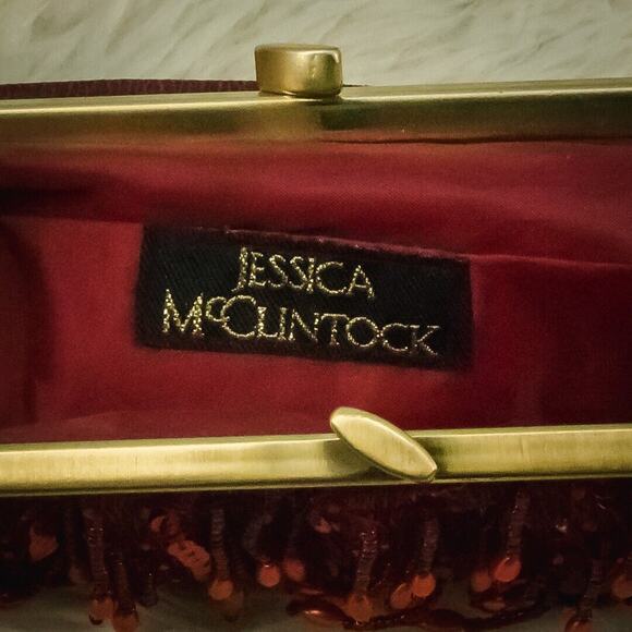 Jessica McClintock Red Beaded Fringe Kisslock Dressy Crossbody Bag Purse Clutch - Picture 4 of 5